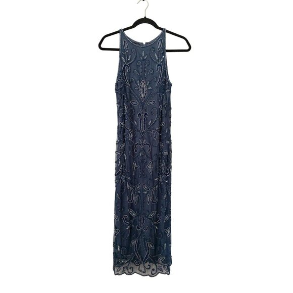Pisarro Nights scroll motif navy beaded mesh sleeveless gown 8 Evening Dress - Picture 2 of 9